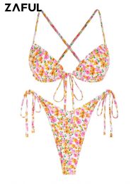 Set Zaful Ditsy Floral Maignure de maillot de bain Bikini Set Swimwear imprimé Clit Fill Criss Criss Cross High Leg Bohemian Bodined Bikini Top Beach