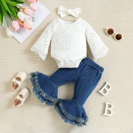 Sets 024m pour bébés filles vêtements en dentelle tenues princesse creux de rompage tops jeans floral bandeau 3pcs
