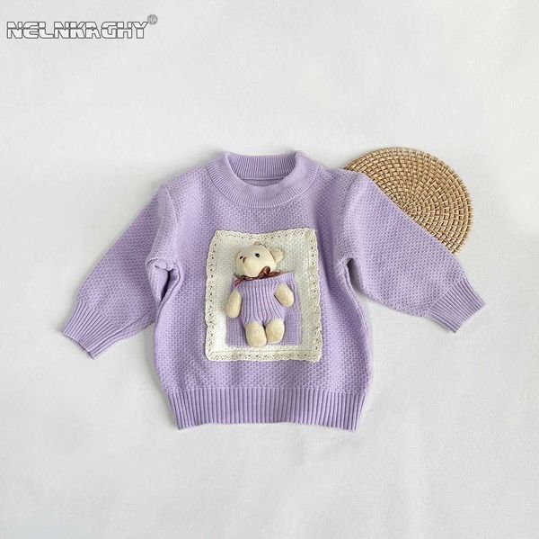 Ensembles 2023 AUTOMNE NOUVEAU PRINT PRINT Childrens Baby Girls Full Sleve Patch ruché 3d Bear Doll Tripted Top Grade Sweater Cute Bottom Vêtements Q240508