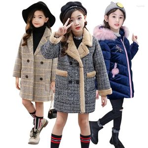 Conjuntos 2023 Otoño Invierno Niñas Abrigo peludo Diseño de moda Largo para niños Ropa exterior Patrón de rejilla 4 a 12 años