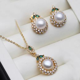 Conjuntos 2023 nuevos conjuntos de joyas de perlas de agua dulce para mujer, juego de collar y pendientes de perlas reales chapado en oro de 18 quilates, regalo de compromiso para madre blanco