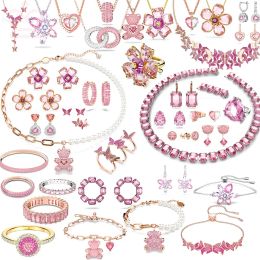 Conjuntos 2023 originales Swa de acero inoxidable, pendientes, collar, pulsera, Ldyllia, cristal de circón rosa, joyería para mujer con logotipo