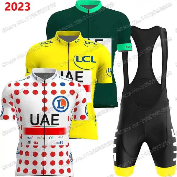 Conjuntos 2023 Uae Team TDF Ciclismo Jersey Conjunto Amarillo Verde Lunares Ciclismo Ropa Carrera Carretera Bicicleta Camisa Traje MTB Bicicleta Tops