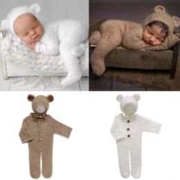 Sets 2 stk/set pasgeboren fotografie rekwisieten romper jumpsuit gehaakte muts wol baby jongen meisje outfit baby dier foto prop