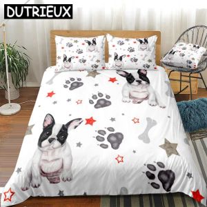 Ensemble 3 pièces pour chien de couette de chien ensemble dessin animé Bulldog Libert étoiles et chiens PAW Textiles de la maison blanche Couverture de couverture pour animaux de compagnie Dropship