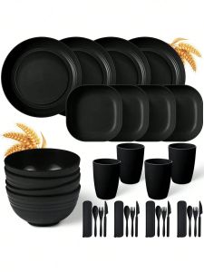 Couverts en plastique noir, 32 pièces, assiettes, plats à cracher, bols, tasses, couverts, 4 ensembles pour fête de camping en plein air