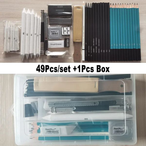 Sets 33pcs 50pcs kits de dibujo de arte con organizador de caja Caso Artista Dibujo Lápiz 5H8B Barra de barra de grafito de carbón Barra de varilla Knaad