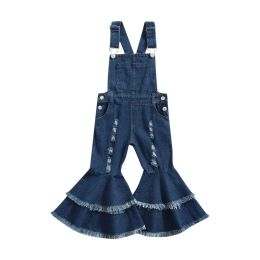 Stelt 37 jaar voor meisjes Suspender broek, blauwe massieve kleur mouwloze overalls met gegolfde zoom en gebroken gaten