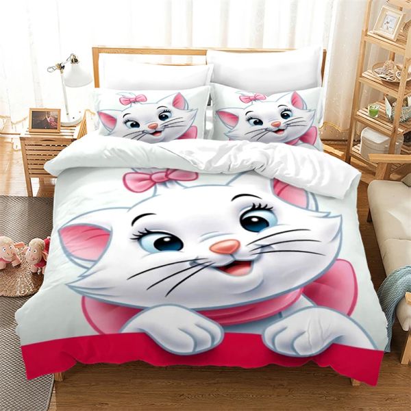 Conjuntos 3D Marie Cat Pattern Divet Tapa Conjunto de campos de almohada Juego de ropa de cama doble Doble Decoración de dormitorio de tamaño rey reina completo