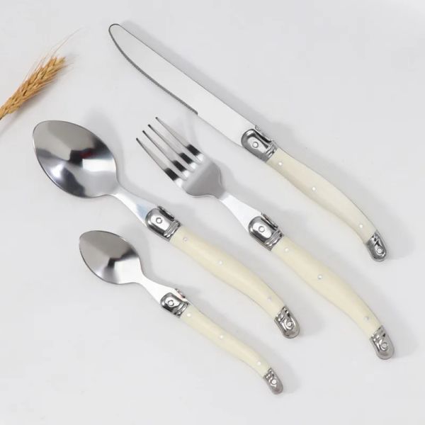 Ensembles 4/6/24 pièces Laguiole argenterie couteaux à Steak fourchettes cuillères cuillère à café ensemble acier inoxydable ivoire blanc manche en plastique couverts de cuisine