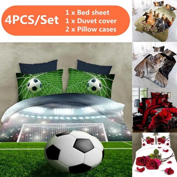 Sets 4 Uds. Juegos de cama de fútbol 3D, juego de cama, ropa de cama para niños y adultos, funda nórdica para cama, funda de almohada, funda nórdica