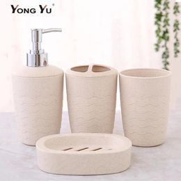 Ensembles 4 pièces/ensemble accessoires de salle de bain paille de blé écologique porte-savon distributeur bouteille salle de bain porte-brosse à dents tasse costume