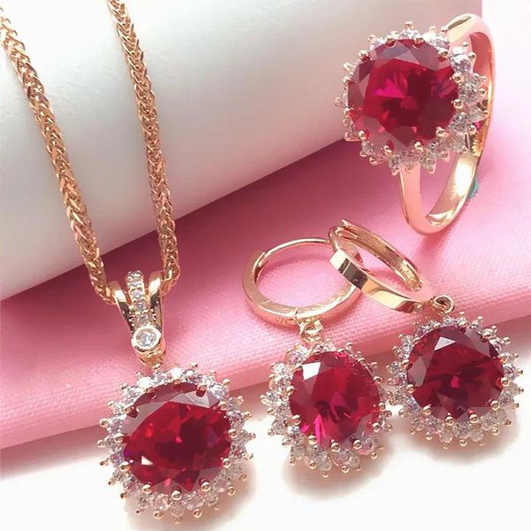 Ensembles de bijoux en or violet 585 avec fleur de rubis, or Rose 14 carats, cristal de luxe, cadeau de dîner de mariage, bague, collier, boucles d'oreilles pour femmes