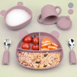 Ensembles 5 pièces ensemble de vaisselle pour bébé ensemble d'alimentation pour enfants en Silicone de qualité alimentaire antidérapant avec bol/assiette/tasse/cuillère/ensemble de vaisselle pour enfants folkloriques