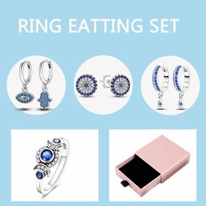 Sets 5 stks/partij Devil Eye Oorbellen 925 Zilveren Boze Oog Hoepel Oorbellen Shining Moon Blue Stone Ring Voor Vrouwen Sieraden ringen Set Geschenkdoos