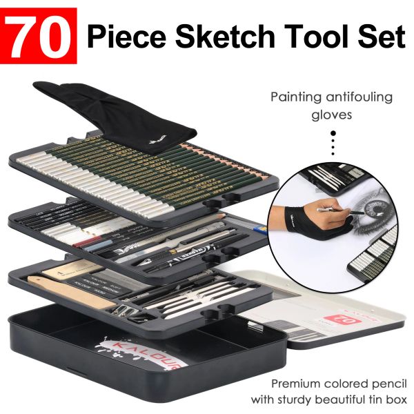 Ensembles outils de croquis 70 pièces Set Art Painting Drawing Crayer Supplies Iron Tin Box avec des gants antifouling