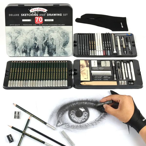 Ensemble 70pcs Set Sketching Drawing Crayons Metal Box Kits Art Graphite Graphite Stick Accessories Complete Graphing Series Stationry