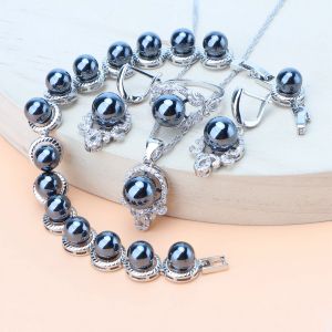 Conjuntos de plata 925, juegos de joyas para mujer con perlas negras, anillos de boda, colgante, collar, pendientes, piedras blancas CZ, pulseras, conjunto nupcial