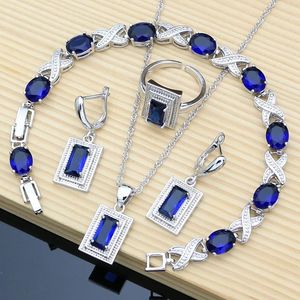 Sets 925 zilveren bruid sieradensets voor vrouwen blauwe saffier oorbellen armband aanpasbare ring ketting groothandel 6 kleuren geboortesteen