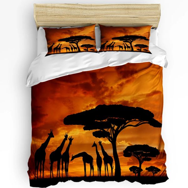 Ensemble Africa Girafe Tree Silhouette Dusk Couvrette de lit de lit de lit à la maison Couper à couverture d'oreiller dans la literie de chambre à coucher