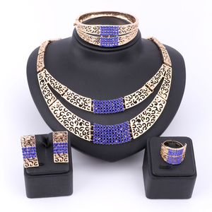 Sets Afrikaanse Mode Charme Luxe Nieuwe Vergulde Kristallen Ketting Oorbellen Ring Armband Bruids Sieraden Sets Voor Vrouwen Bruiloft