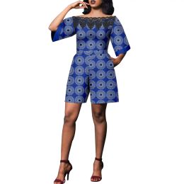 Conjuntos Afripride, conjunto de pantalones cortos de una pieza de manga corta con estampado de Ankara para mujer afroamericana, conjunto informal con cuello de encaje para mujer A2226029