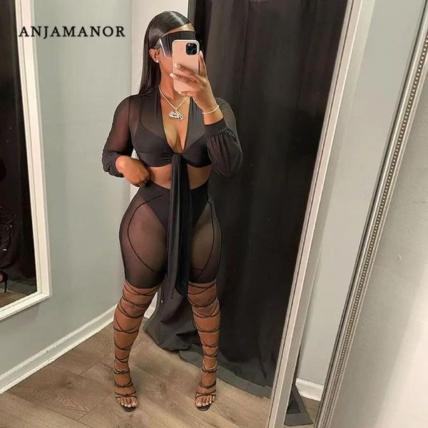 Sets Anjamanor Sheer Mesh à manches longues à manches longues 4 pièces sets Sexy Club Tenues pour femmes Matching Sets Black White Wholesale D35CE26