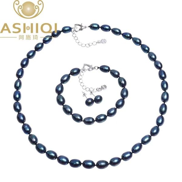 Conjuntos de joyas de perlas de agua dulce negras naturales genuinas de ASHIQI, pendientes de pulsera de collar, pendientes de plata de ley 925