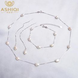 Ensembles ASHIQI réel 925 en argent Sterling naturel perle d'eau douce ensembles de bijoux collier Bracelet boucles d'oreilles pour les femmes mode 2020 nouveau