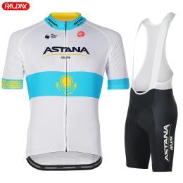 Sets Astana Raudax Short Sleeve Cycling Jersey TDF 2024 Cycling Set Racing Bicycle Clothing Pak Ademende mountainbike kleding