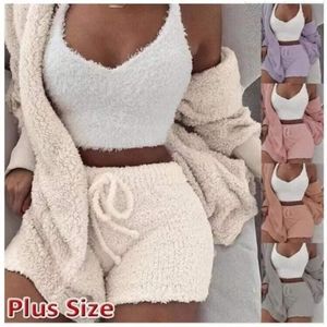 Ensembles Automne Hiver 3 Pièces Tenues Moelleuses En Peluche Sexy Dos Nu Polaire Pyjamas Femmes Casual Sport Sweat Home Wear Ensembles Survêtement