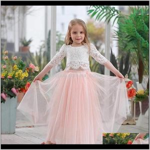 Ensembles bébé bébé, livraison directe de maternité 2021 vente en gros printemps été ensemble vêtements pour filles demi manches dentelle haut + jupe longue rose champagne