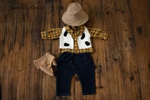 Sets Babyjongen Cowboypak geruite hoge hoed schieten pasgeboren fotografie rekwisieten studio schieten creatief thema