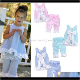 Ensembles Vêtements pour bébés Bébé Enfants Maternité Drop Livraison 2021 Filles Chemise Costumes Lotus Feuilles Bord Treillis Big Bow Chemises d'été sans manches Pantalons