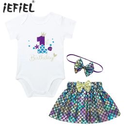 Sets Baby Girl Princess Clothes Set Sirène 1er Birthday Party Tentifit Shell Raiper Sequins Fish Scales Hobe Bowknot Bandband Costume