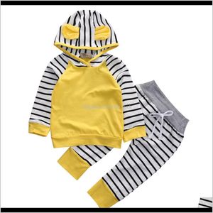 Conjuntos Bebé, Niños Maternity2Pcs Bebé Niños Niñas Deporte Otoño Amarillo Algodón Manga larga Sudadera con capucha Top + Pantalones largos a rayas Trajes Clo