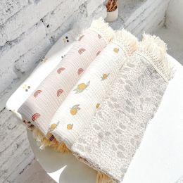 Stelt baby mousseline swaddle dekens zuigeling beddengoed quilt kinderwagen deksel baby's katoen bedrukte kwastdekendeken pasgeboren wikkelhanddoek