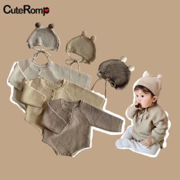 Sets baby rompertjes + hoed pasgeboren baby gebreide meisjes romper met lange mouwen pasgeboren babyjongen kleding set baby baby jumpsuits overall