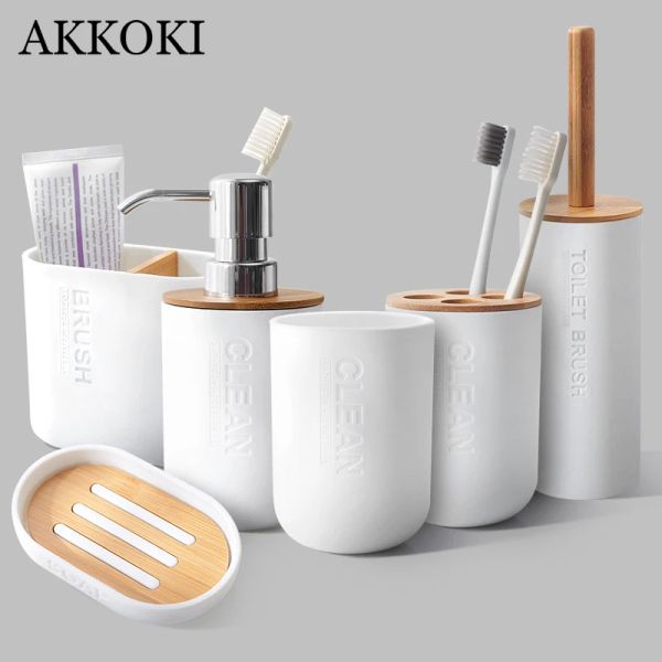 Ensembles d'accessoires de salle de bain en bambou, brosse de toilette, porte-brosse à dents, tasse de bain de bouche, porte-savon, distributeur de shampoing, conteneur blanc pour la maison