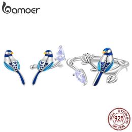 Sets Bamoer 925 Sterling Silber Blauer Vogel Offener Ring und Ohrstecker Farbiger Emaille-Prozess Zirkon Schmuckset für Frauen Geschenk