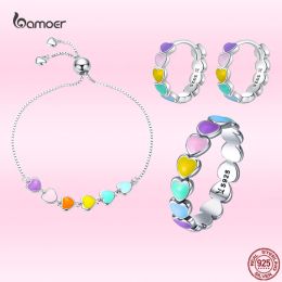 Ensembles Bamoer Fashion Heart Rings Bracelet Boucles d'oreilles Cleus 925 Sterling Silver Rainbow Series Rings Sets pour femmes bijoux Allmatch