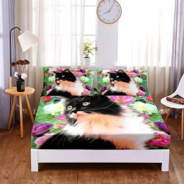 Ensembles Beau Chaton Chat 3pc Polyester Drap-Housse Solide Housse de Matelas Quatre Coins avec Drap de lit à Bande élastique (2 taies d'oreiller)