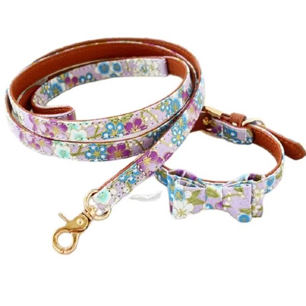 Ensembles magnifique kimono japonais violet noeud papillon collier de chien laisse fournitures pour animaux de compagnie accessoires pour chats Terrier caniche chiot promenades de jour vacances