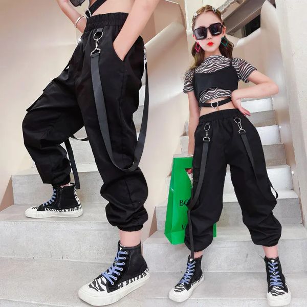 Ensembles Pantalon cargo noir pour adolescentes Nouvelle mode d'été Streetwear Pantalon de survêtement Hip Hop avec chaîne pour filles de 6 8 10 12 14 ans