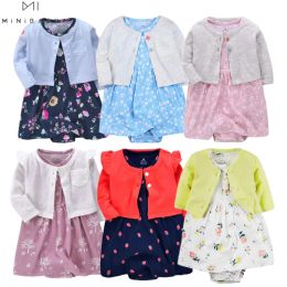 Sets bloem lete baby meisje kleding bodys + jassen bébé kleding roupa zuigeling saut à saut katoenen kleding voor 024m jurken