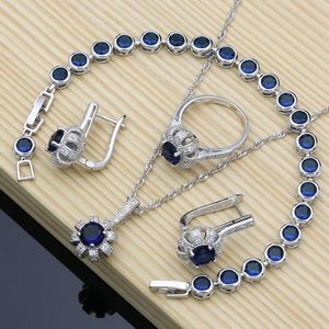 Conjuntos de joyería nupcial de Plata de Ley 925 con circonita cúbica azul, pendientes de boda para mujer, anillos, conjunto de collar con envío directo