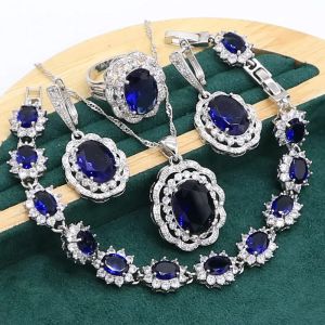 Ensembles de bijoux en argent sterling 925 avec saphir bleu pour femme, bracelet, boucles d'oreilles, collier, pendentif, bague, cadeau d'anniversaire