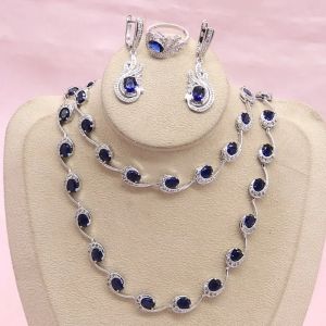 Ensembles de bijoux saphir bleu pour femmes, boucles d'oreilles en argent 925, Bracelet, pendentif, collier, bague, boîte cadeau de mariage