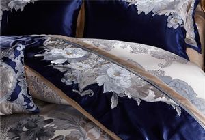 Ensembles Bleu argent soie coton Satin Jacquard luxe chinois ensemble de literie reine roi taille ensemble de literie drap de lit/ensemble housse de couette H09