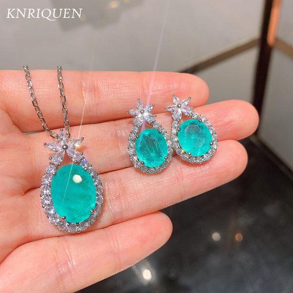 Conjuntos Piedra azul Aguamarina Paraiba Turmalina Laboratorio Diamantes Colgante Collar Pendientes de tuerca Fiesta de bodas Conjunto de joyería fina para mujer Regalo